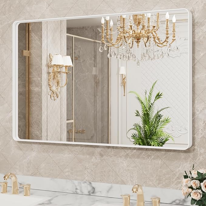 LOAAO 40x32 Inch White Metal Framed Bathroom Mirror