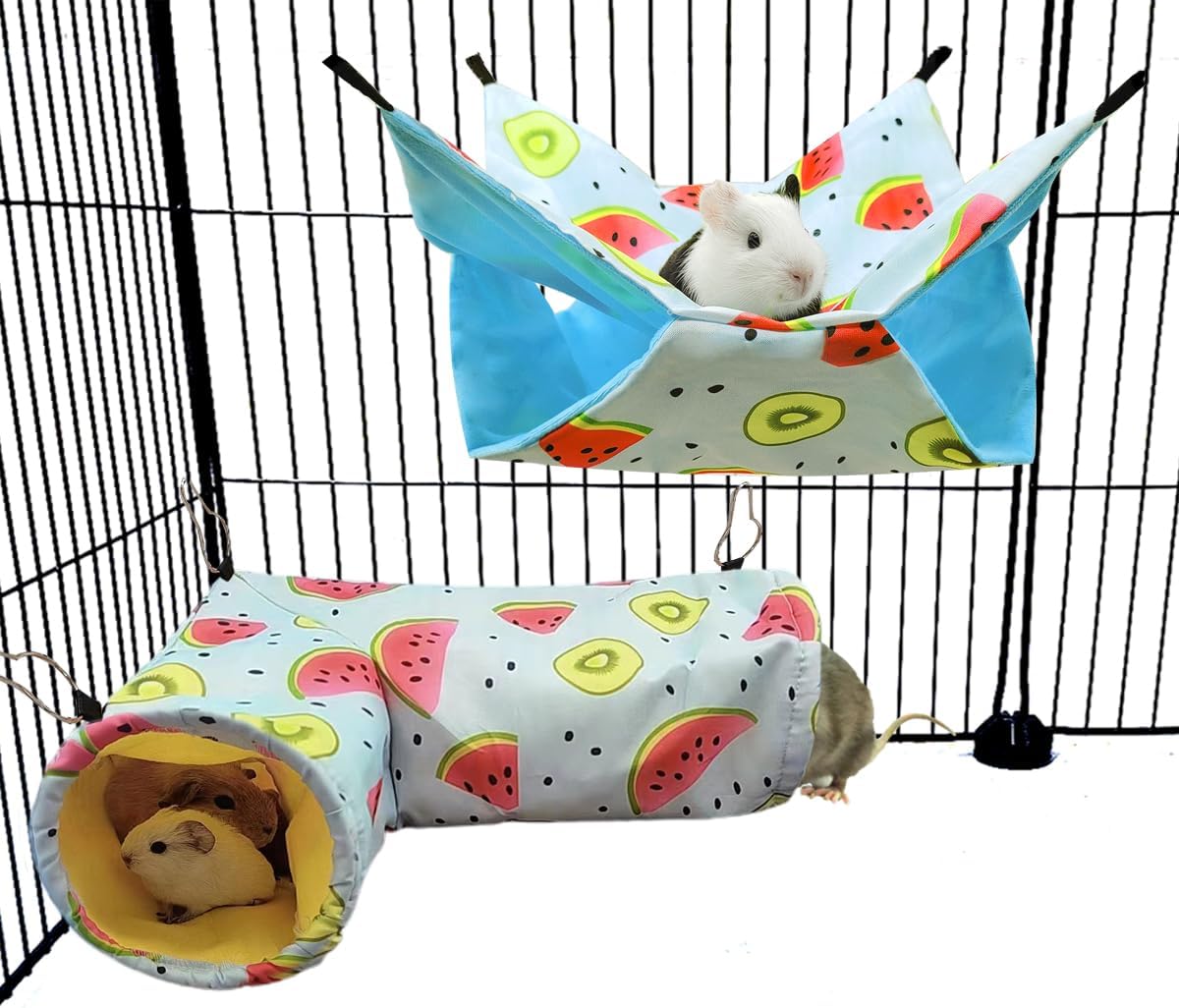 Large Caliber Guinea Pig & Rat Tunnel Hideout & Hammock, Corner Hideout Toy for Guinea Pig, Ferret, Hedgehog & Piggy to Hide and Shuttle (3. Hammock&Tunnel-Watermelon)