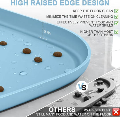 SMILOOL Waterproof Silicone Pet Food Mat with Raised Edge for Dog & Cat | 19" x 12" Non-Slip Pet Feeding Mats with Lip for Food & Water Bowl, Food Grade, Easy Cleaning, Light Blue