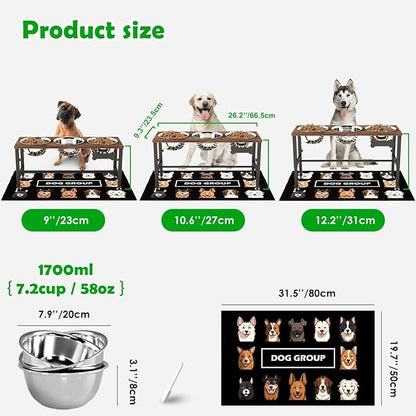 SHAINFUN Adjustable Height Elevated Dog Bowl Stand – Wooden Raised Dog Bowls with Three 58oz Stainless Steel Bowls & Mat for Small to Large Dog Breeds