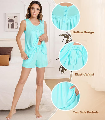 NACHILA Pajamas for Women-Viscose from Bamboo, Ribbed Racerback Tank Top Sexy Split Shorts Pajama Sets Cooling Sleep Cami Pjs