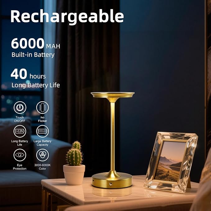 2 Pack Rechargeable Table Lamp, LED Cordless Table Lamp, 5000mAh Battery Operated Portable Table Light,Dimming for Restaurant/Patio/Outdoor(Gold)