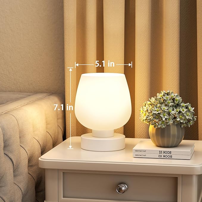 Touch Table Lamp for Nightstand - Small Bedside Lamp for Bedroom Living Room Night Stands, Desk Lamp with White Glass Shade for Small Spaces, 3 Way Dimmable, LED Bulbs, Gifts