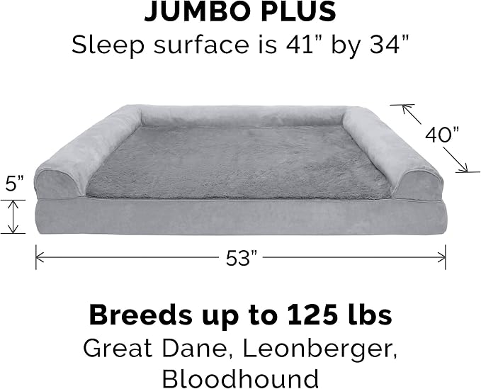 Furhaven Orthopedic Dog Bed for Large Dogs w/ Removable Bolsters & Washable Cover, For Dogs Up to 125 lbs - Plush & Suede Sofa - Gray, Jumbo Plus/XXL