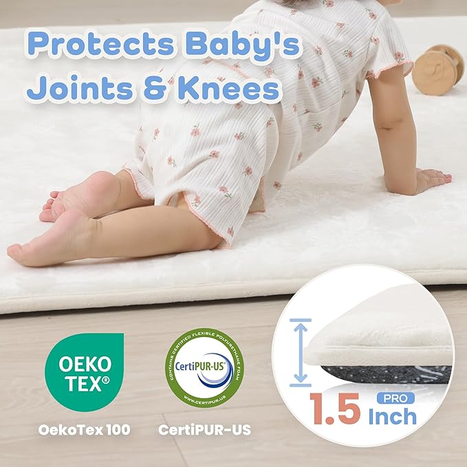 PaPaMat 1.5" Thick Baby Play Mat for Floor, 39x59 Playpen Mat, Pro Soft Flannel Foam Mats Toddler Infant Kids Crawling for Nursery Rug Playroom Living Room Waterproof Easy Care Non-Slip (Cream)