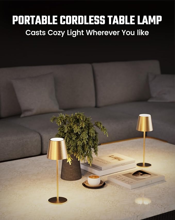 JACKYLED Cordless Table Lamps Rechargeable, 3 Adjustable Height, 5000mAh Battery Operated, 3 Colors Smooth Dimming, Portable LED Waterproof Gold Lamp for Dining, Bedroom, Outdoor (2 Pack)