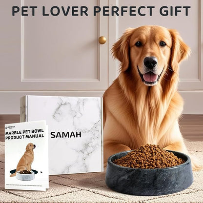SAMAH Black Marble Dog Bowl, Non-Slip Non-Tipping Heavy Dog Food Bowl, Large Weighted Stone Dish, Natural Marble Dog Water Bowl, Easy to Clean, Gifts for Cat & Dog Lovers, Holds 6 Cups(6 lbs)