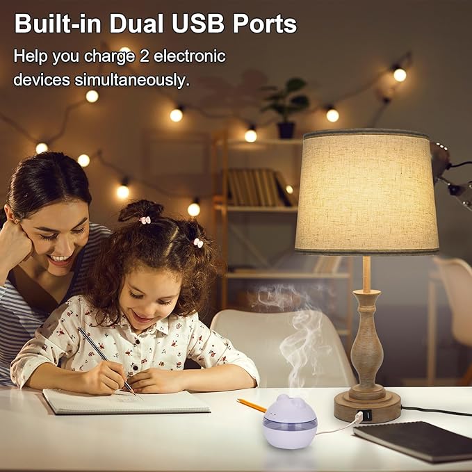 Touch Lamps for Bedrooms Set of 2, Farmhouse Table Lamp with Dual USB Charging Ports, 3 Way Dimmable Nightstand Lamps with Linen Fabric Lampshade for Bedroom (Pack 2-Beige Shade & Antique Brown)