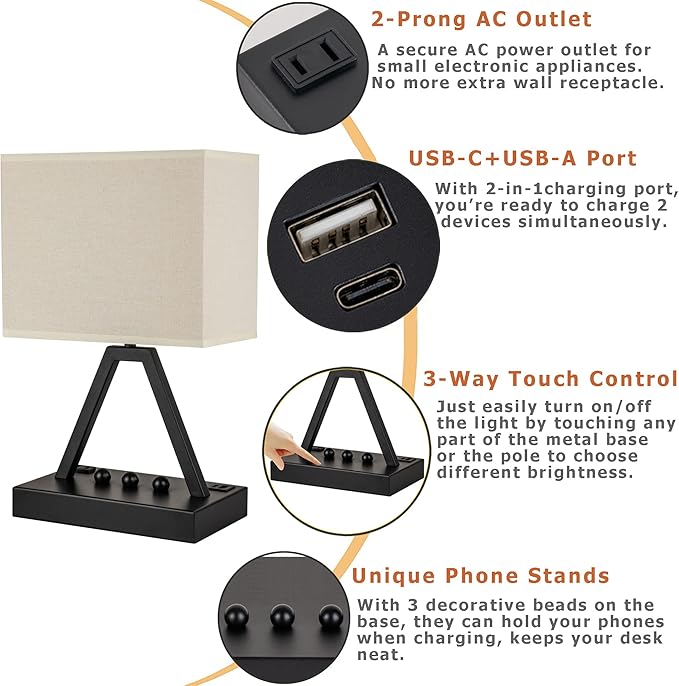 Briever Touch Control Table Lamp, 3-Way Dimmable Desk Lamp with USB C & USB A and AC Outlet, Bedside Lamps with Phone Stands for Bedroom, Living Room, Office, LED Bulb Included, Black