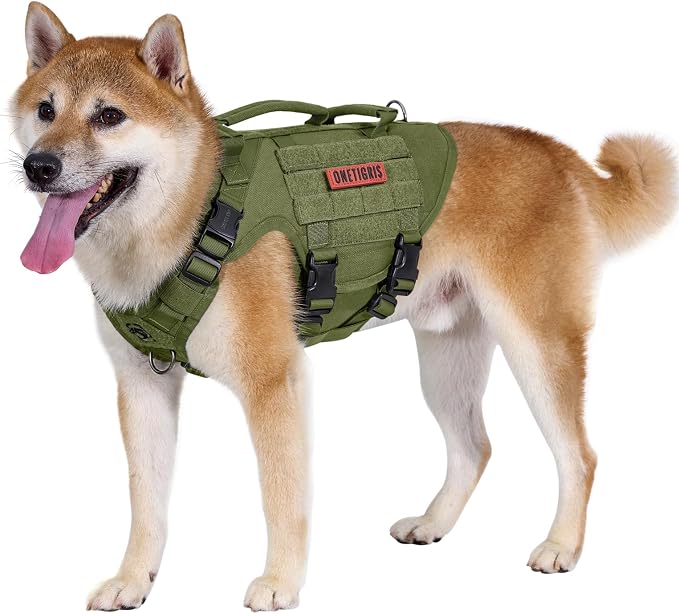 OneTigris Large Tactical Dog Harness, No Pulling Adjustable Dog Vest Harness, Heavy Duty Dog Harness with Handle, Large Hook and Loop Panels for Patch(Range Green,S)