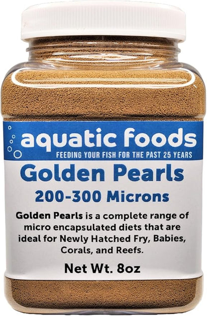 Aquatic Foods Inc. Golden Pearls 200-300 Micron Size for Fry, Babies of Shrimp, Axolotls, Discus, Cichlids, Catfish, Tetras, Angel Fish, Guppies, Bettas, Goldfish, Corals, Reefs …8oz Small Jar