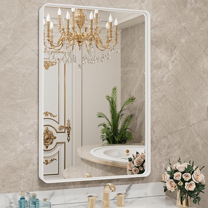 LOAAO 24x36 Inch White Metal Framed Bathroom Mirror