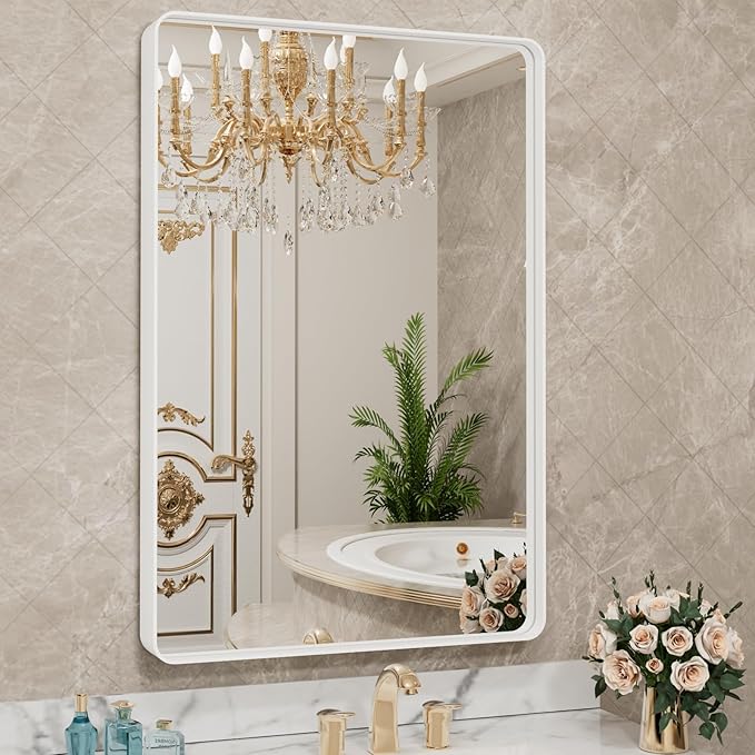 LOAAO 30x36 Inch White Metal Framed Bathroom Mirror