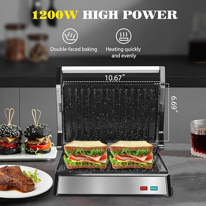 Aigostar Panini Press, 1200W Sandwich Maker and Electric Indoor Grill