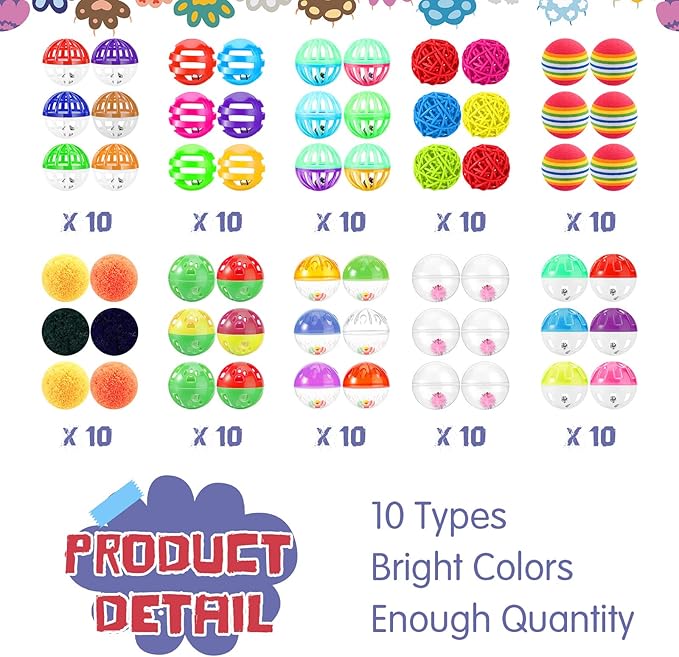 Hungdao 100 Pcs Cat Toys Bulk Plastic Small Crinkle Ball Assorted Cat Balls with Bell for Kitten Chase Pounce Rattle Play Toys, Assorted Color