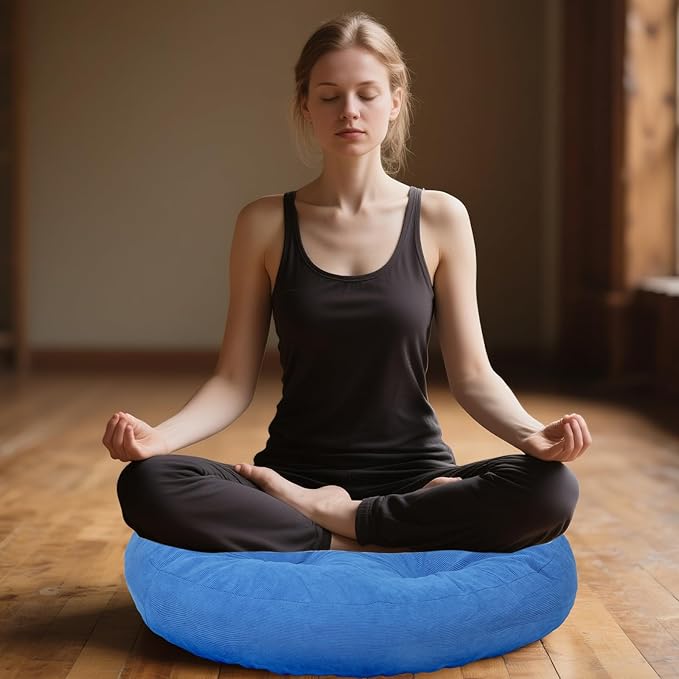 Meditation Floor Pillow Set of 2, Round Large Pillows Seating for Adults, Tufted Corduroy Cushion for Tatami Living Room, 22x22 Inch FP-Dblue-R
