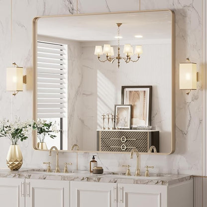 LOAAO 40”X36” Gold Bathroom Mirror, Rounded Rectangle Gold Frame Mirror
