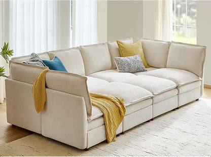 HULALA HOME Oversized Modular Sectional Sofa with Dual-Layered Cushions, 8 Seater Sleeper Sofa with Storage Ottoman and Removable Cover, Modern Deep Seat Cloud Couch for Living Room, Beige
