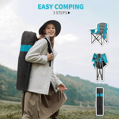 LANMOUNTAIN 2 Pack Padded Oversized Camping Chairs for Adults,Heavy Duty Support 400 Lbs,Folding Portable Lawn Chair w/Cup Holder,Cooler Bag,Side Pocket,Perfect for Outdoor Picnic,Hiking(Blue&Black)