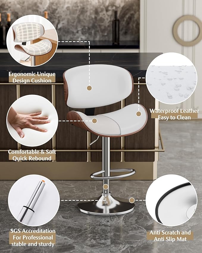 Aowos Bar Stools, Adjustable Swivel Leather Bar Stools for Kitchen Island, Mid Century Modern Counter Height Bar Chairs Barstools with Back & Footrest (White 1PCS)
