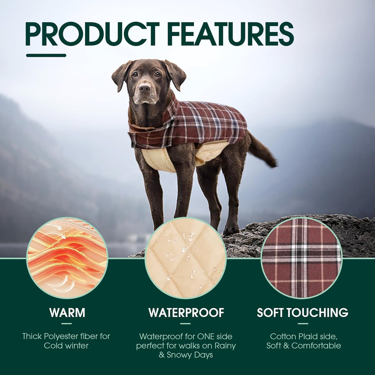 Kuoser Waterproof Dog Coat, Reversible Dog Jacket for Large Dogs, Adjustable Durable Doggie Winter Coat for Groowing Puppies Warm Puppy Cold Weather Apparel, Brown L