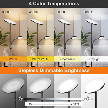 OUTON LED Floor Lamp, 27W/2400LM Modern Torchiere Lamp & 7W/ 400LM Reading Lamp, Bright Dimmable Standing Tall Lamp with 4 Color Temperature, Remote Touch Control for Living Room Bedroom Office, Black