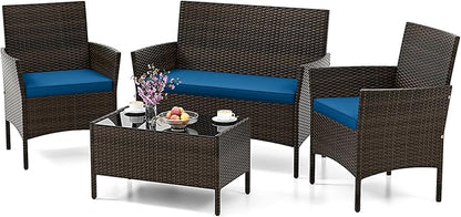 HAPPYGRILL 4 Pieces Outdoor Rattan Conversation Set, Patio Wicker Furniture Set with Loveseat Chairs & Tempered Glass Coffee Table, Outside Sectional Sofa Set for Backyard Garden Poolside, Blue