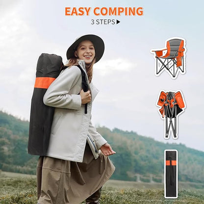 LANMOUNTAIN 2 Pack Padded Oversized Camping Chairs for Adults,Heavy Duty Support 400 Lbs,Folding Portable Lawn Chair w/Cup Holder,Cooler Bag,Side Pocket,Perfect for Outdoor Picnic,Hiking(Orange&Blue)