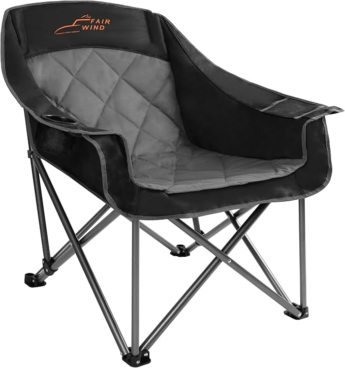 FAIR WIND Oversized Padded Camping Chair Heavy Duty Quad Fold Arm Chair Portable for Outdoor - Support 450LBS, Black