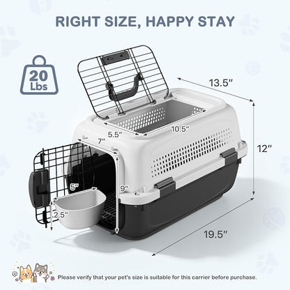 19.5" Hard-Sided Pet Carrier for Small Dogs & Cats, Plastic Cat Carriers | Front & Top Door Access, Ventilation Design, Feeding Bowl Included, for Camping & Trips, for Small Pets up to 20 lbs, Gray