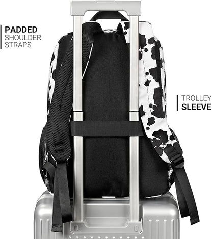 ZORFIN 26L Backpack for College, and Travel: Water Resistant Bookbag - Cow Print Black