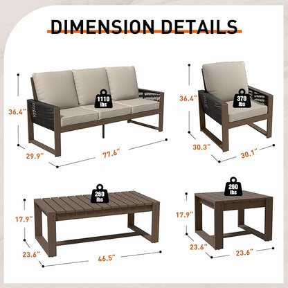 INTER HUT Rustic Hideaway Natural Cedar Wood Outdoor Furniture Set, Wicker Patio Conversation Set for Porch Garden Backyard, Couch, 4 Patio Chairs, Tables, 7 Piece, Brownish/Beige