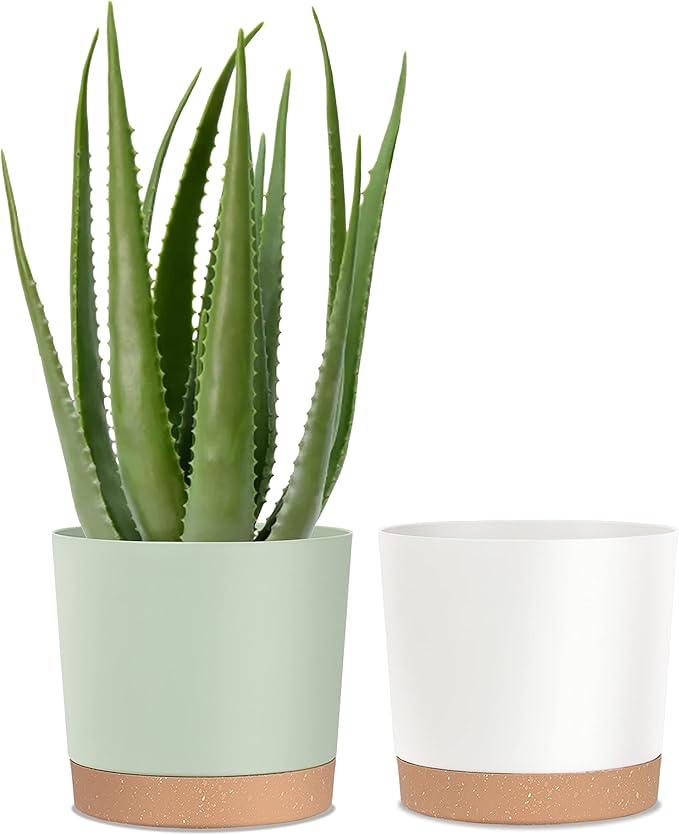kubvici Plant Pots for Indoor Plants, 2 Pack 10 Inch Plant Pot Plastic Flower Pots Planters with Drainage Saucer for Indoor Outdoor Garden Home (10" Green & White)