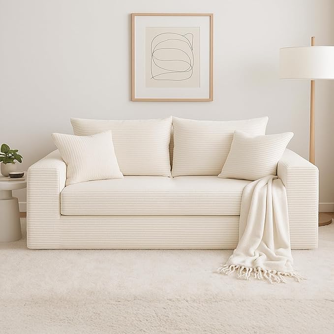 Convertible Sofa Bed, 3 in 1 Loveseat Folding Couch Bed Foldable - Chaise Lounge Chair & Floor Futon Sleeper, Corduroy Pull Out Sofa Bed with 4 Pillows for Living Room, Beige