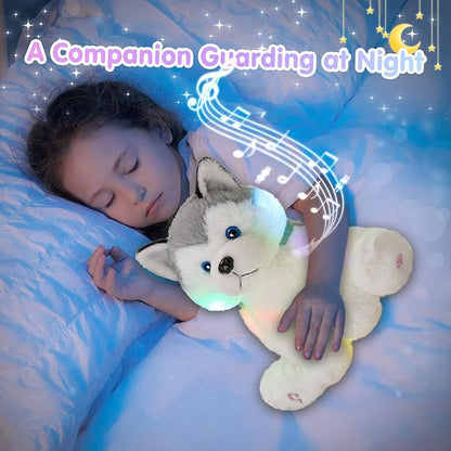 Houwsbaby 12'' Gray Light Up Musical Stuffed Animal Husky Singing LED Dog Glowing Plush Toy Lullaby Animated Soothe Birthday Festival Present for Kids Toddler Girls
