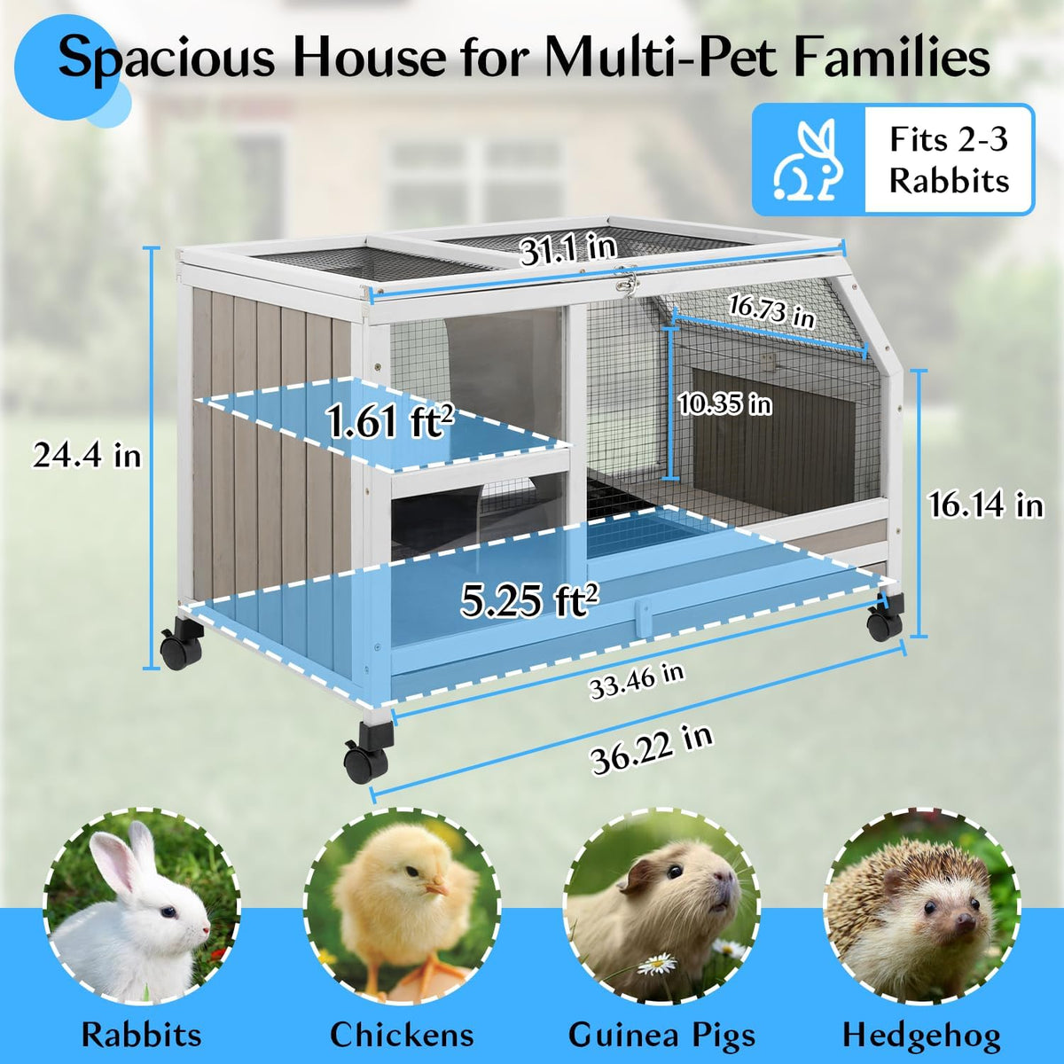 36''L Rabbit Hutch Outdoor with Casters and Run, Wooden Indoor 2 Story Guinea Pig Cage with Divider Panel, Pull Out Tray, Rabbit Duck Bunny House for Small to Medium Animals and Pet Lover, Gray