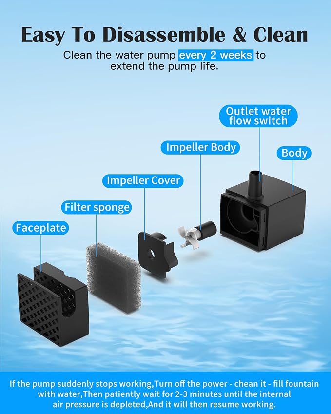 Replacement Dog Water Fountain Pump for lesotc Stainless Steel Pet Fountains, Quiet Cat Water Bowl Dispenser Pump with LED Low Water Shut Off, Fits 3 Gallon Large Dog Models D2223 D2322 D2341 D2419