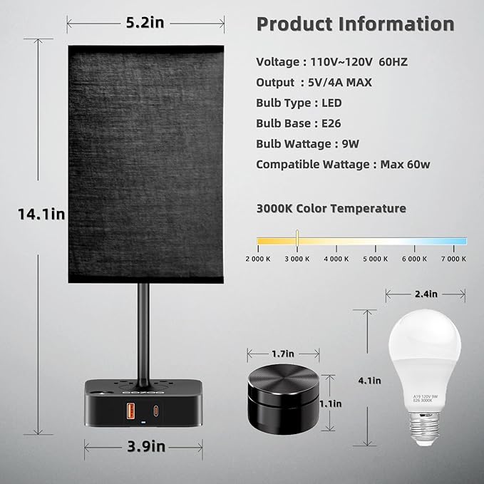Table Lamp with Remote Operation Control for Bedroom,Dimmable Bedside Table Desk Light with USB C+A Charging Ports 2 AC Outlets,Nightstand Lamp White Shade Lamp for Living Room,Dorm,Home Office,Decor