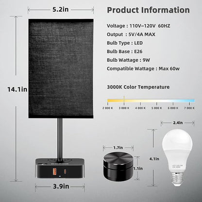 Table Lamp with Remote Operation Control for Bedroom,Dimmable Bedside Table Desk Light with USB C+A Charging Ports 2 AC Outlets,Nightstand Lamp White Shade Lamp for Living Room,Dorm,Home Office,Decor