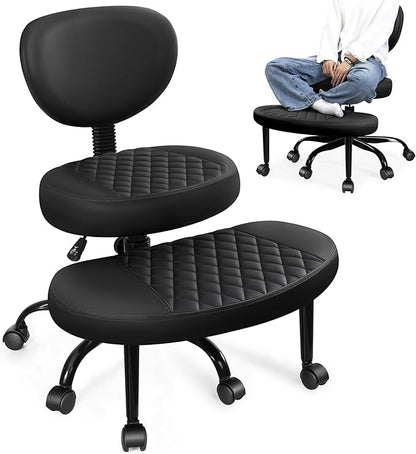 Ergonomic Cross Legged Office Chair with Wheels - Adjustable Height for Meditation, ADHD Desk & Yoga - Wide Criss Cross Design with Lumbar Support, Kneeling Chair - Black