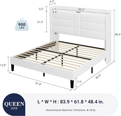Allewie Queen Size Platform Bed Frame with Charging Station & Storage Headboard, Upholstered Velvet Wingback Design & USB Port, Strong Wooden Slats Support, No Box Spring Needed, Easy Assembly, White