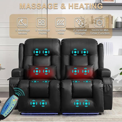 URRED Loveseat Recliner Sofa with Massage and Heat, Power Reclining Loveseat Sofa RV Couch Home Theater Seating with LED Lights, Cup Holders, Side Pockets, USB, Pillows, Faux Leather, Black