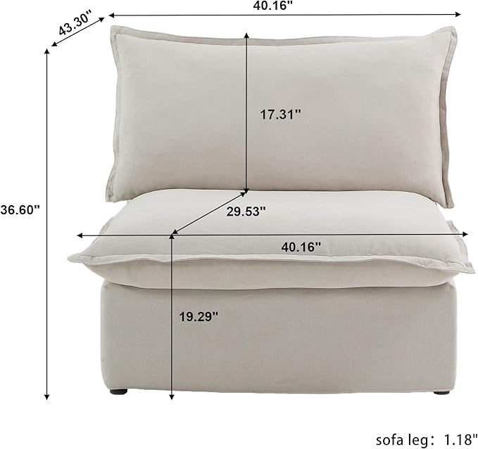 WJShome Modern Down Filled Sigle Middle Seat, Cloud Modular Sectional Sofa, Minimalist Wide Deep Seat Couches for Living Room Apartment Lounge Bedroom (Beige)