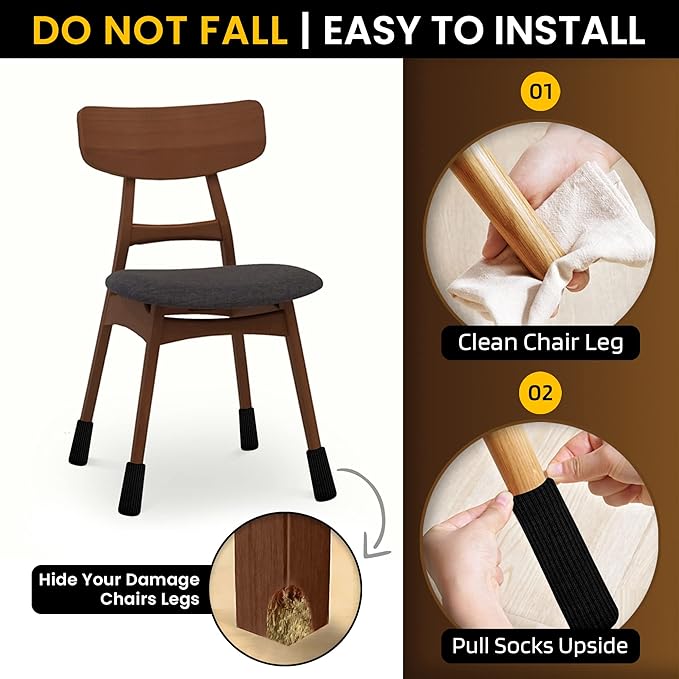 32 Pcs Black Premium Chair Leg Socks Protectors for Hardwood Floors - Do not Easily Fall Off - Very Easy to Put on - Fits All Leg Shapes - High Elastic Bar Stool Leg Covers - Furniture Pads