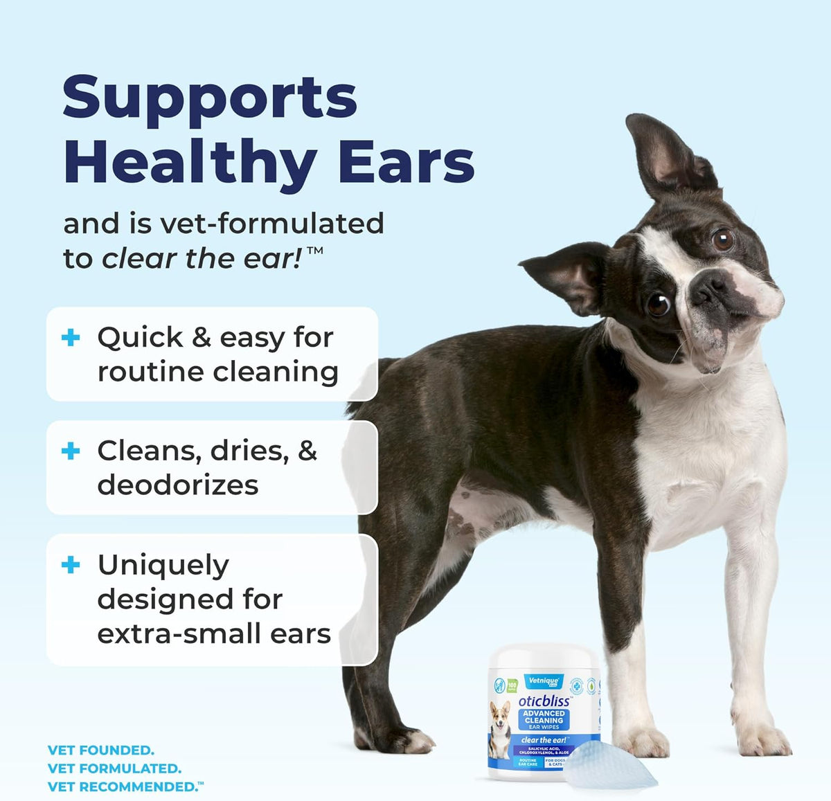 VETNIQUE Oticbliss Advanced Cleaning Ear Wipes for Dogs & Cats for Odor Control, Dirt and Wax Removal with Soothing Aloe Vera, Drying Agent and Vitamin E, Clear the Ear 100ct Wipes