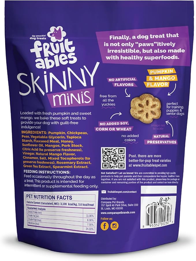 Fruitables Skinny Minis Dog Treats, Healthy Pumpkin Treat for Dogs, Low Calorie & Delicious, Puppy Training, No Wheat, Corn or Soy, Made in the USA, Pumpkin and Mango Flavor, 5oz