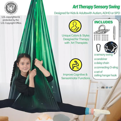 Sensory Swing for Kids Holds up to 300lbs Indoor & Outdoor Therapy Cuddle Swing with Hammock Hooks Hanger Kit for Calming, Effect for Autism, ADHD or SPD. (Space Green)