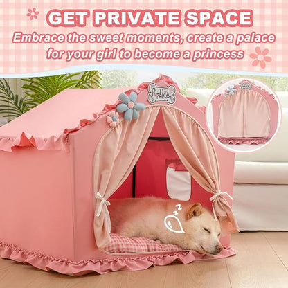 Indoor Dog House with Frame,Cute Dog Tent Bed with Cover Cave,Pink | Breathable,Washable,and Foldable House, Suitable for 22-40 Lb, Large (25"×25"×25"),Inside Dog House