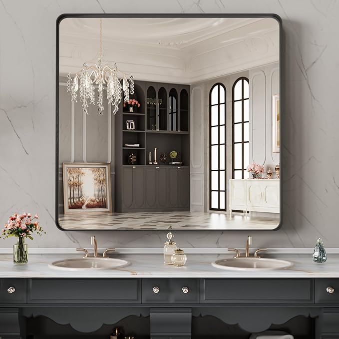 LOAAO 32X32 Inch Black Metal Framed Bathroom Mirror