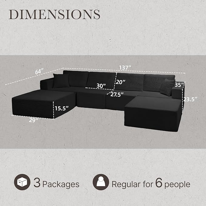 137” Modular Sectional Sofa Couch, 4-Seater U-Shape Sofa with Ottoman, Memory Foam Compressed Sofa, Free Combination Couch for Living Room,No Assembly Needed (Black, 4 Seats+ 2 Ottoman)